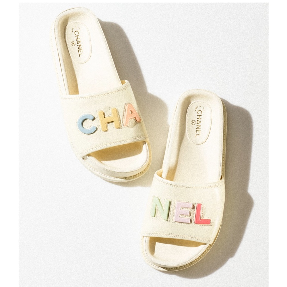 CHANEL Ivory Mules Slides Pastel Rainbow Multicolor C-H-A N-E-L Logo Letters 37